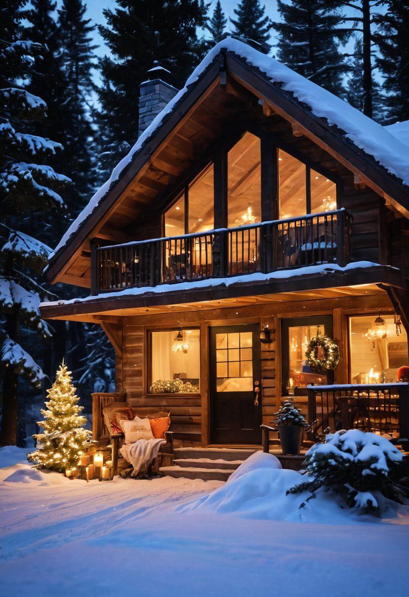 A cozy, candle-lit cabin in a snowy landscape, surrounded by evergreen trees. Inside, a couple shares a warm moment by the fireplace, wrapped in soft blankets, sipping hot cocoa. Outside the window, softly falling snow enhances the atmosphere of intimacy and joy. Add decorative elements like twinkling fairy lights and plush cushions for a romantic touch. soft focus, warm colors, 3D.