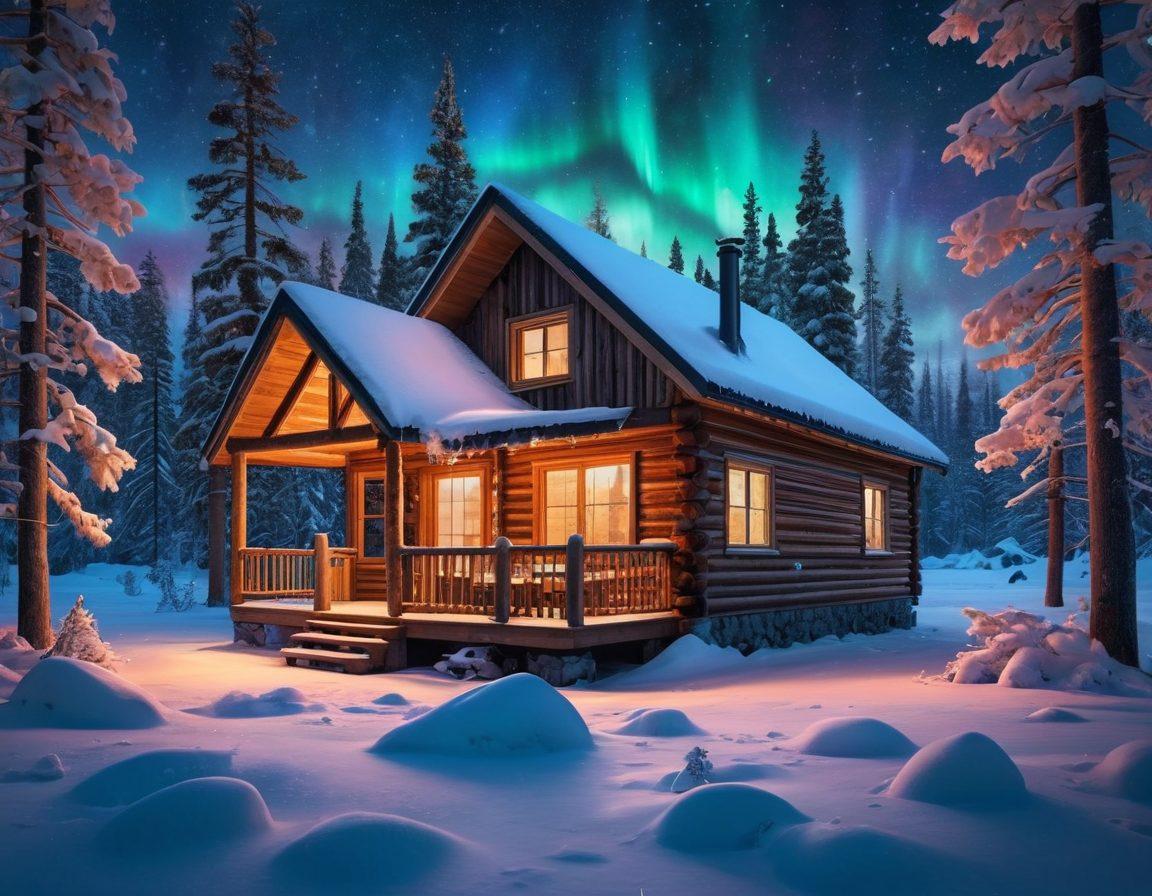 A serene Arctic landscape blanketed in pristine snow, showcasing a cozy cabin with warm lights glowing through the windows. In the foreground, a couple bundled in winter attire share a hot beverage, surrounded by tall icy pine trees and a sky filled with auroras. Snowflakes gently falling, creating a magical atmosphere of intimacy and celebration in nature's wonder. super-realistic. vibrant colors. 3D.