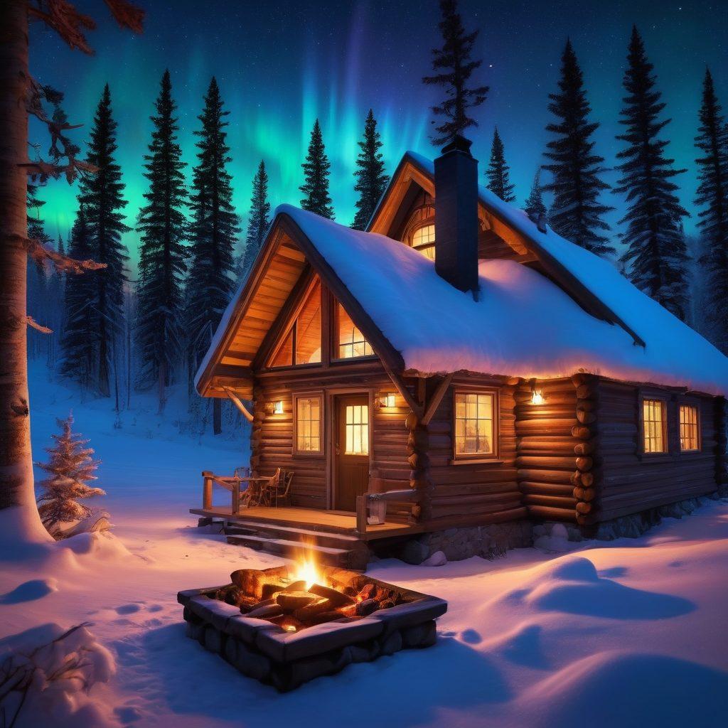 A cozy cabin nestled in a snowy Arctic landscape, with warm light glowing from the windows. Inside, a couple embraces by a crackling fireplace, surrounded by soft blankets and flickering candles. Outside the window, the aurora borealis dances across a starry night sky. Frost-kissed pine trees frame the scene, enhancing the romantic atmosphere. super-realistic. vibrant colors. warm light.